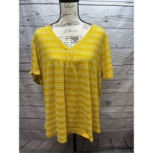 Retrology Womens 2X Mustard Yellow White‎ Stripe V Neck Tunic Top